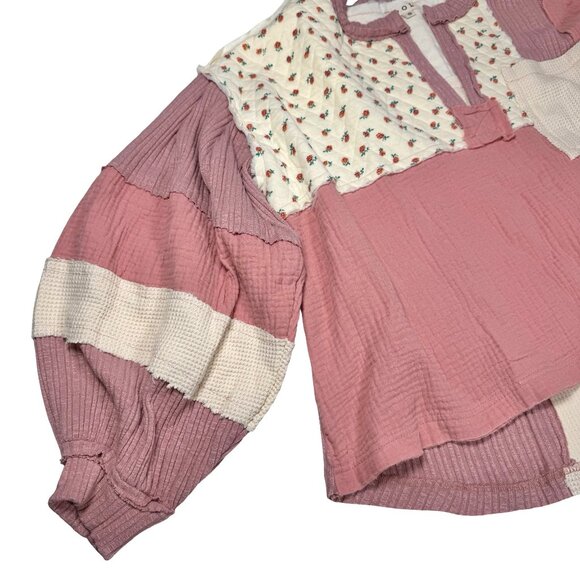 POL Womens Oversized Quilted Floral Patchwork Top SZ S Pink Cottage Boho - Picture 8 of 14